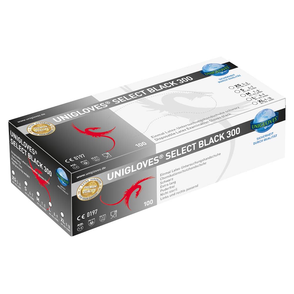Unigloves Select Black 300 Latex Gloves 100 Per Pack