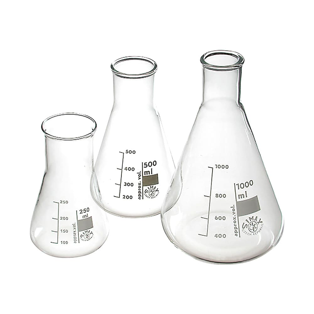 Erlenmeyer Flasks Made Of Borosilicate Glass With Tapered Neck And Exterior Scale