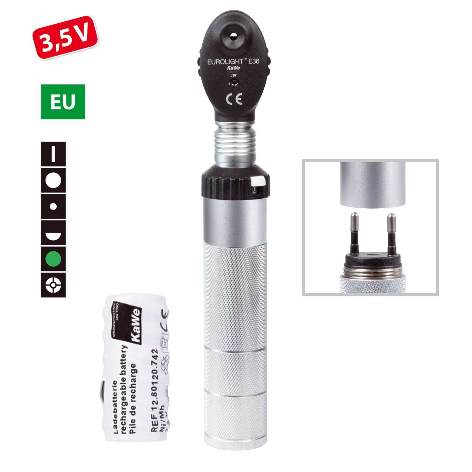 Kawe Eurolight E36 3.5 V Ophthalmoscope With 6 Apertures | Optionally With Li-Ion Or Nimh Rechargeable Battery