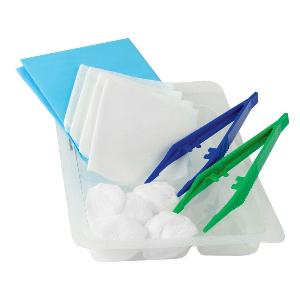 Sterile Dressing Pack   Containing Forceps   Swabs   Gauze Balls And A Drape